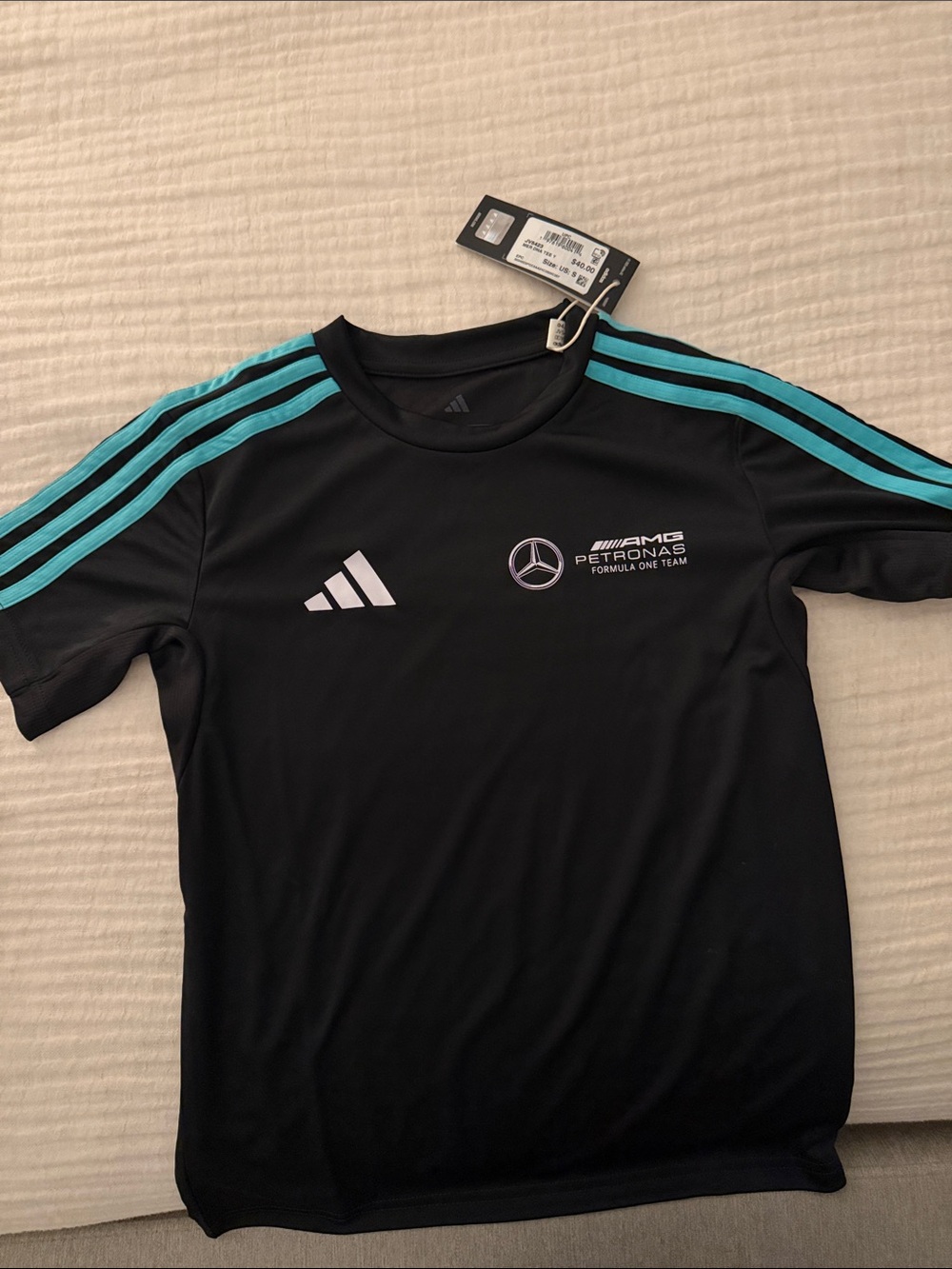 adidas Black Tee with Teal Shoulder Stripes and Mercedes-AMG Logos